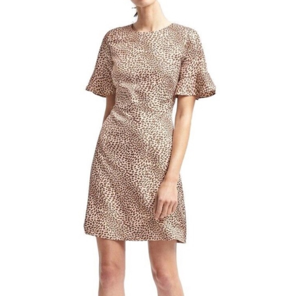 Banana Republic Cream Leopard Print Satin Ruffle Dress with Pockets Nude Cheetah